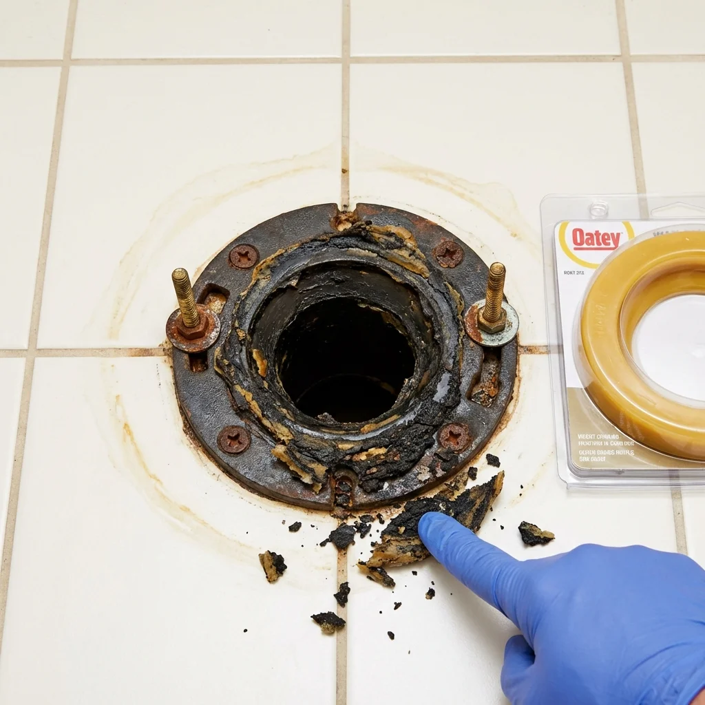 Failed wax ring showing water seepage at the base of a toilet in a Dothan, AL home