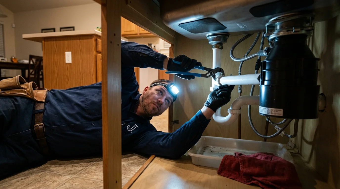 P-trap and supply line connections under a kitchen sink showing a common leak point in Dothan, AL